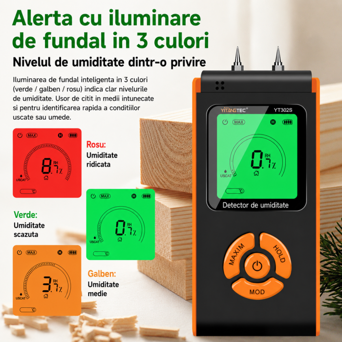 Umidometru profesional Yitangtec YT302S cu pini, afisaj color LCD, 7 categorii materiale, MAX/MIN, HOLD [8]
