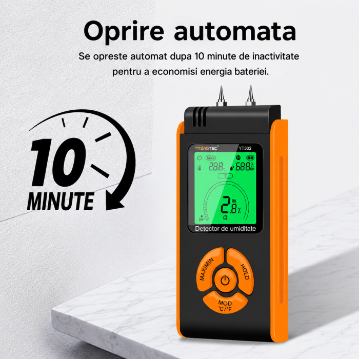 Umidometru profesional Yitangtec YT302 cu pini, temperatura, umiditate, afisaj color LCD, 7 categorii materiale, MAX/MIN, HOLD [10]