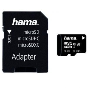 Selfie stick - Trepiede - Lampi foto/video - Card de memorie HAMA 124150 microSDHC, 16GB, clasa 10 UHS-I, 80MBs, adaptor