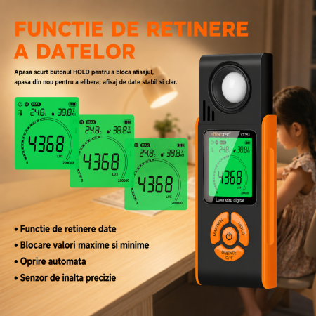 Luxmetru digital profesional YITANGTEC YT351S, 0-200000 Lux / 0-20000 FC, ecran LCD color, MAX/MIN, HOLD, senzor foto din siliciu, iluminare display [8]