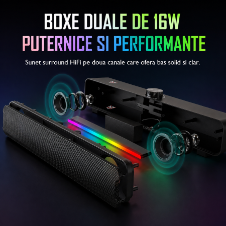 Boxa ONIKUMA L16 Bluetooth, 16W, Iluminare RGB, Soundbar Portabil pentru TV, Home Theater, Gaming și PC [2]