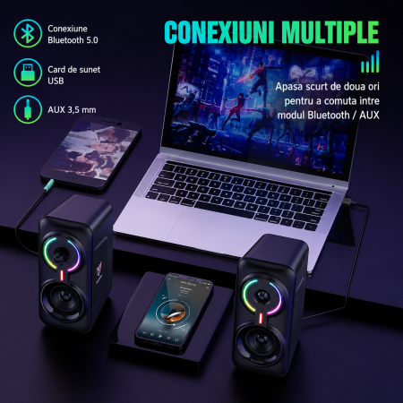 Boxe Gaming ONIKUMA L6 RGB 10W Bluetooth 5.0 USB AUX – Sunet HiFi 360°, Iluminare RGB [3]