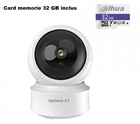 Pachet card memorie 32 GB + camera supraveghere interior Tuya Smart Optimus AT B166-2, comunicare bidirectionala, functie de autourmarire subiect, night vision, aplicatie telefon