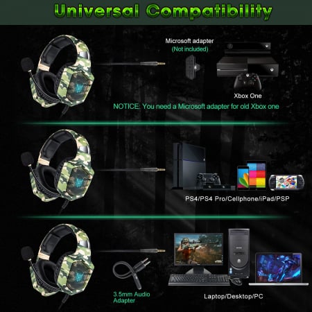 Casti Gaming DC-Onikuma K8 , Surround Sound 7.1, Microfon Noise Cancelling, Bass Vibration, Zero Ear Pressure, Multi Platform, Camouflage Verde [1]