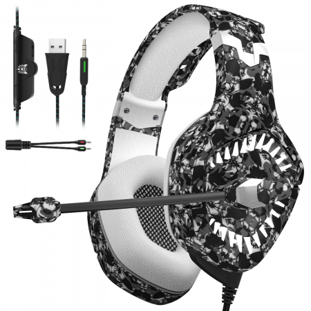 Casti Gaming - Casti Gaming Onikuma K1 PRO, Microfon Noise Cancelling, Zero Ear Pressure, Multi Platform - Camuflaj gri