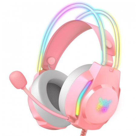 Casti Gaming - Casti Gaming Onikuma X26 Profesionale, Iluminare RGB, Microfon Noise Cancelling, Zero Ear Pressure, Multi Platform - Roz
