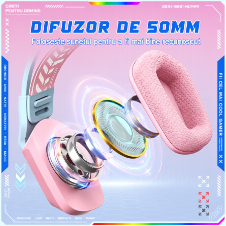Casti Gaming Onikuma X13 Profesionale, Iluminare RGB, Microfon Noise Cancelling, Zero Ear Pressure, Multi Platform - Roz [1]