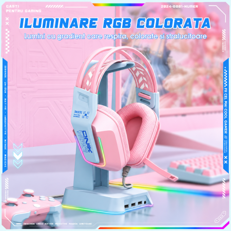 Casti Gaming Onikuma X13 Profesionale, Iluminare RGB, Microfon Noise Cancelling, Zero Ear Pressure, Multi Platform - Roz [3]
