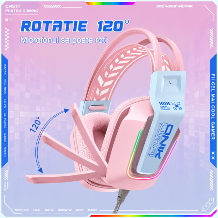 Casti Gaming Onikuma X13 Profesionale, Iluminare RGB, Microfon Noise Cancelling, Zero Ear Pressure, Multi Platform - Roz [2]