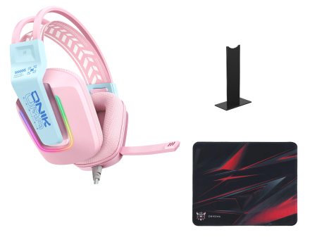 Casti Gaming - SET Gaming Onikuma cu Casti X13 Roz, MousePad, si Stand birou negru
