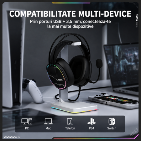Casti Gaming ONIKUMA X91, RGB, Microfon HD cu Anulare Zgomot, Difuzoare 50 mm, USB + Jack 3.5 mm, Compatibile PC, PS4, Nintendo Switch, Telefon, Mac, Negru [4]