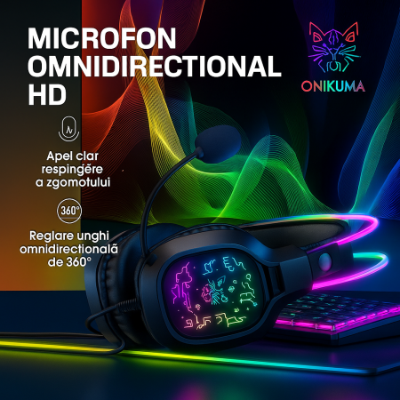 Casti Gaming ONIKUMA X22, RGB, Microfon Omnidirectional cu Noise Reduction, Difuzoare 50 mm, USB + Jack 3.5 mm, Control pe Cablu, 1.8 m, Negru [4]