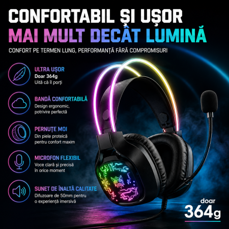 Casti Gaming ONIKUMA X22, RGB, Microfon Omnidirectional cu Noise Reduction, Difuzoare 50 mm, USB + Jack 3.5 mm, Control pe Cablu, 1.8 m, Negru [1]