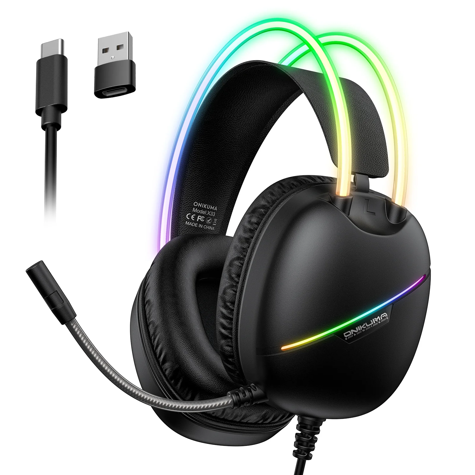 Gaming - Casti Gaming Onikuma X33 Profesionale, Iluminare RGB, Microfon Noise Cancelling, Zero Ear Pressure, Multi Platform - Negru