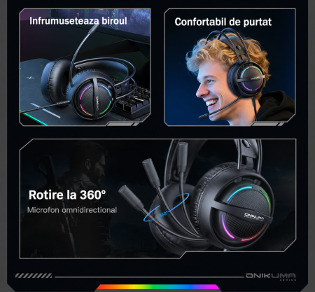 Căști Gaming ONIKUMA X88 RGB, Difuzoare 50 mm, Microfon 360° cu Anulare Zgomot, Sunet Surround Stereo, USB + Jack 3.5 mm, Compatibile PC, Laptop, PS4, PS5, Telefon, Negru [8]