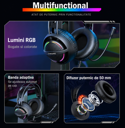 Căști Gaming ONIKUMA X88 RGB, Difuzoare 50 mm, Microfon 360° cu Anulare Zgomot, Sunet Surround Stereo, USB + Jack 3.5 mm, Compatibile PC, Laptop, PS4, PS5, Telefon, Negru [9]