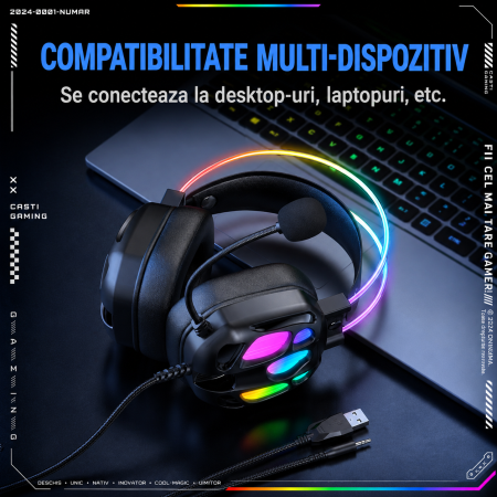 Casti Gaming RGB ONIKUMA X89 cu Microfon 360°, Difuzoare 50 mm, Iluminare RGB, Compatibile PC / PS4 / PS5 / Xbox / Laptop / Telefon, Negru [2]