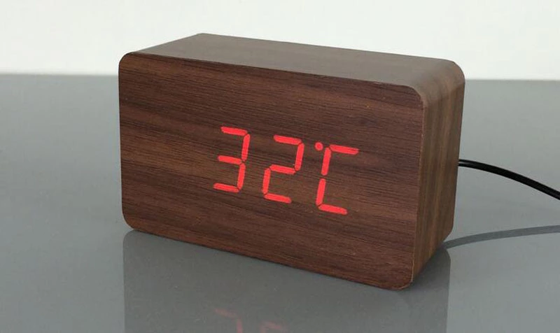 Ceas din lemn cu termometru, alarma, baterii / priza, wenge [1]