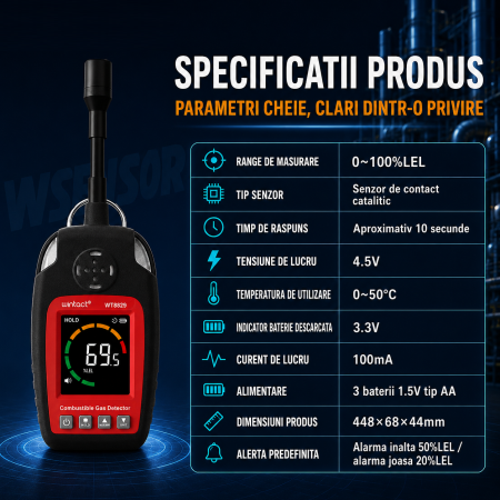Detector scurgeri gaze combustibile Wintact WT8829, 0-100% LEL, senzor flexibil, metan, propan, butan, GPL, gaz natural, ecran LCD color, alarma sonora si vizuala [10]