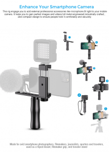 Accesorii - Maner Grip profesional din aluminiu cu suport telefon, pentru vlogging, cu prindere 1/4, negru