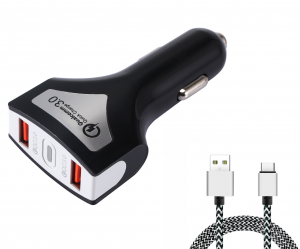 Incarcatoare telefoane - Incarcator auto rapid Optimus AT Qualcomm 3.0 cu cablu de date microUSB, negru