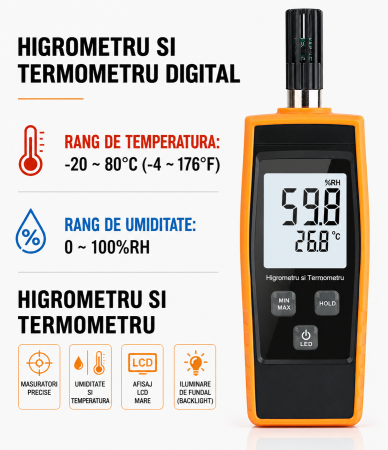 Termohigrometru digital Optimus AT 852, temperatura si umiditate, display LCD, functie MAX/MIN, HOLD, iluminare, °C/°F, portabil [4]