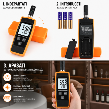 Termohigrometru digital Optimus AT 852, temperatura si umiditate, display LCD, functie MAX/MIN, HOLD, iluminare, °C/°F, portabil [3]