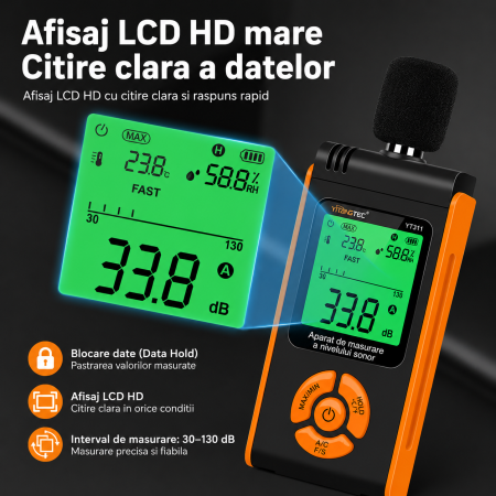 Sonometru digital profesional YITANGTEC YT311, 30-130 dB, ponderare A/C, FAST/SLOW, temperatura si umiditate, ecran color, functie MAX/MIN, HOLD [10]