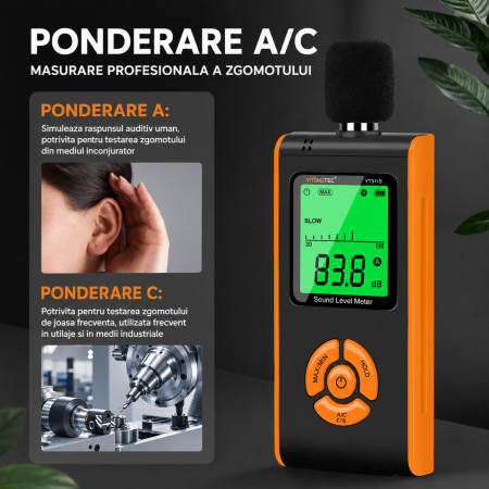 Sonometru digital profesional YITANGTEC YT311S, 30-130 dB, ponderare A/C, FAST/SLOW, MAX/MIN, HOLD, ecran LCD color, microfon cu protectie antivant [8]