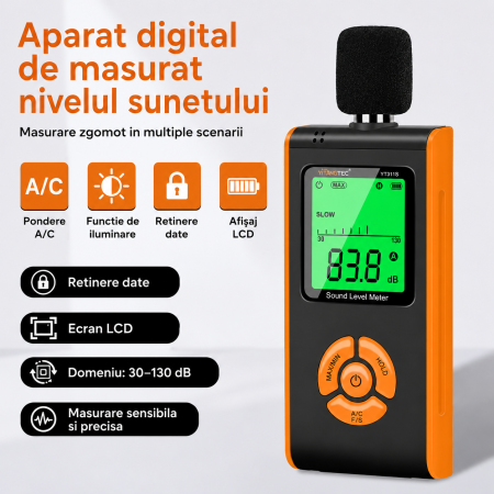 Sonometru digital profesional YITANGTEC YT311S, 30-130 dB, ponderare A/C, FAST/SLOW, MAX/MIN, HOLD, ecran LCD color, microfon cu protectie antivant [7]