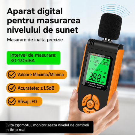 Sonometru digital YITANGTEC YT312, 30-130 dBA, masurare temperatura si umiditate, afisaj LCD color, functie MAX/MIN, Data Hold, ponderare A, FAST/SLOW, microfon cu condensator [6]