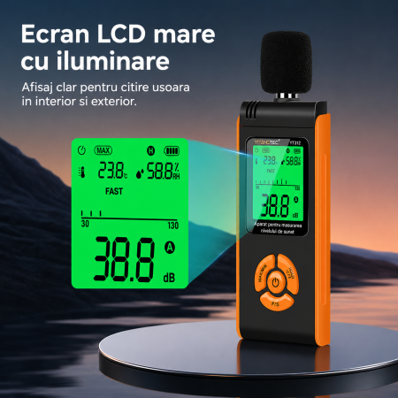 Sonometru digital YITANGTEC YT312, 30-130 dBA, masurare temperatura si umiditate, afisaj LCD color, functie MAX/MIN, Data Hold, ponderare A, FAST/SLOW, microfon cu condensator [7]