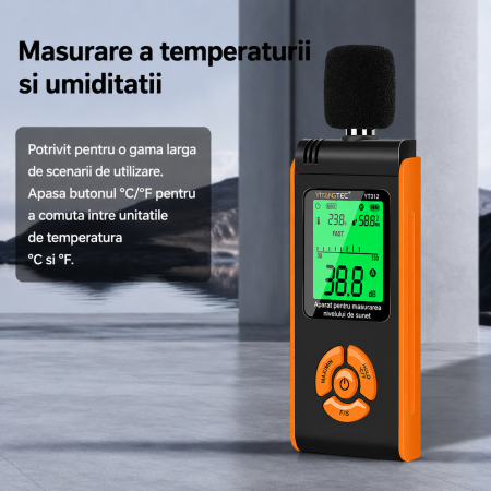 Sonometru digital YITANGTEC YT312, 30-130 dBA, masurare temperatura si umiditate, afisaj LCD color, functie MAX/MIN, Data Hold, ponderare A, FAST/SLOW, microfon cu condensator [8]