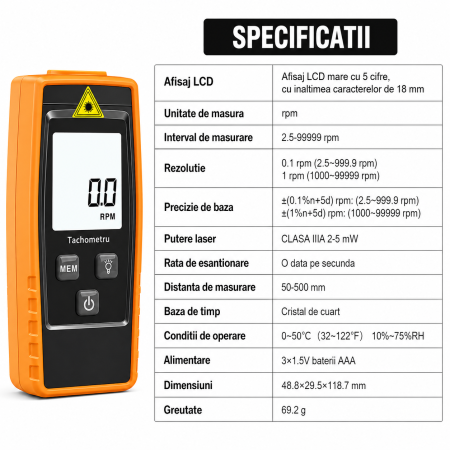 Tachometru Digital Laser Optimus AT 853, Masurare RPM fara Contact, 2.5–99999 RPM, Afisaj LCD, Precizie Ridicata, Auto Oprire, Profesional [3]
