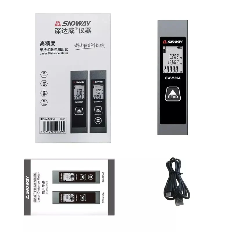 Telemetru Laser SNDWAY Mini Reincarcabil 0-30m, Precizie Ridicata, Carcasa Metalica, 11 cm lungime, USB-C [2]