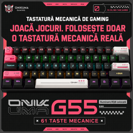 Tastatura Gaming Mecanica Onikuma G55, 61 Taste, Layout 60%, Iluminare RGB, Conectare USB Type-C, Taste ABS, Compatibila Windows/Mac/Android, Negru [5]