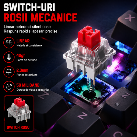 Tastatura mecanica gaming ONIKUMA G52, 82 taste, Hot Swap, Switch-uri Red Jixian, Iluminare RGB, Buton volum, USB Type-C detasabil, Anti-Ghosting, Negru [4]