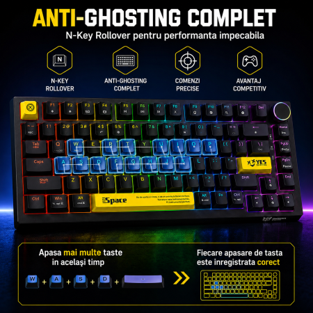 Tastatura mecanica gaming ONIKUMA G52, 82 taste, Hot Swap, Switch-uri Red Jixian, Iluminare RGB, Buton volum, USB Type-C detasabil, Anti-Ghosting, Negru [5]