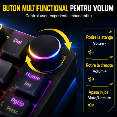 Tastatura mecanica gaming ONIKUMA G52, 82 taste, Hot Swap, Switch-uri Red Jixian, Iluminare RGB, Buton volum, USB Type-C detasabil, Anti-Ghosting, Negru [3]