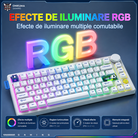 Tastatura Mecanica Premium Gaming ONIKUMA MT706 Wireless RGB, 81 Taste, Hot-Swap, Bluetooth 5.0, 2.4GHz, USB-C, Gasket Mount, Buton Multimedia, Macro, Alba [2]