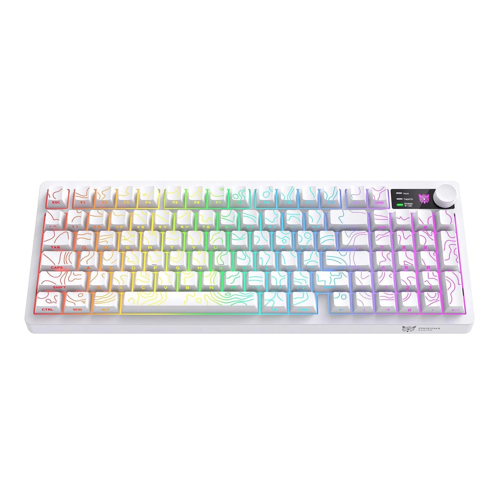 Gaming - Tastatură Gaming Wireless ONIKUMA MT902, 95 Taste, Tri-Mode (Bluetooth + 2.4GHz + USB-C), RGB, Membrană Silențioasă, Buton Multimedia, Acumulator 2000mAh, Alb