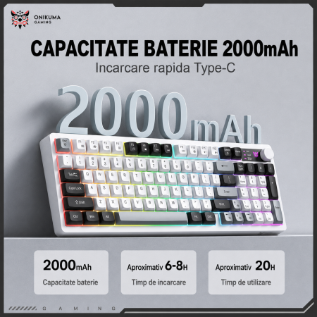 Tastatură Gaming Wireless ONIKUMA MT902, 95 Taste, Tri-Mode (Bluetooth + 2.4GHz + USB-C), RGB, Membrană Silențioasă, Buton Multimedia, Acumulator 2000mAh, Alb Gri [2]