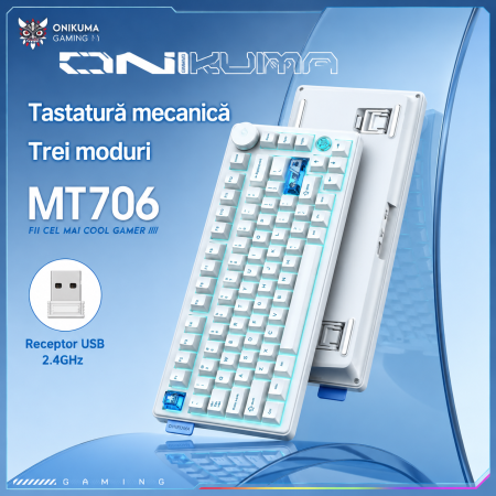 Tastatura Mecanica Premium Gaming ONIKUMA MT706 Wireless RGB, 81 Taste, Hot-Swap, Bluetooth 5.0, 2.4GHz, USB-C, Gasket Mount, Buton Multimedia, Macro, Alba [1]