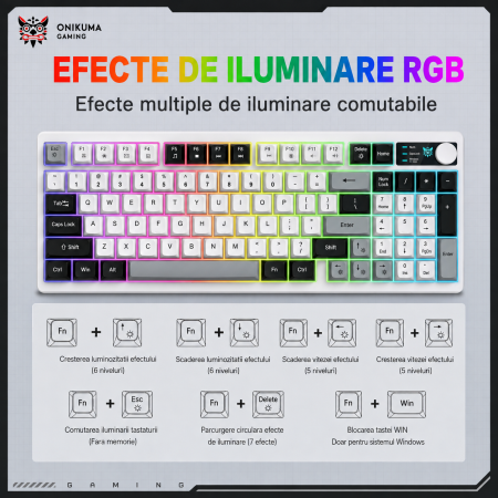 Tastatură Gaming Wireless ONIKUMA MT902, 95 Taste, Tri-Mode (Bluetooth + 2.4GHz + USB-C), RGB, Membrană Silențioasă, Buton Multimedia, Acumulator 2000mAh, Alb Gri [4]