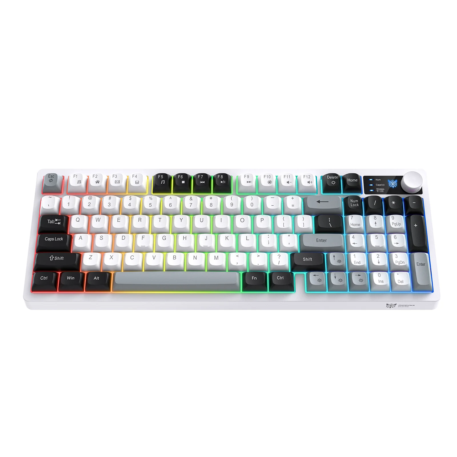 Tastaturi Gaming - Tastatură Gaming Wireless ONIKUMA MT902, 95 Taste, Tri-Mode (Bluetooth + 2.4GHz + USB-C), RGB, Membrană Silențioasă, Buton Multimedia, Acumulator 2000mAh, Alb Gri