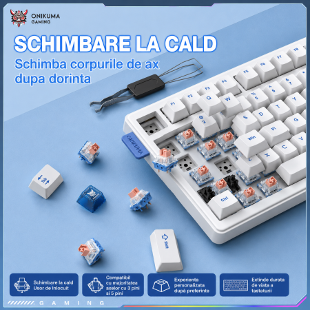 Tastatura Mecanica Premium Gaming ONIKUMA MT706 Wireless RGB, 81 Taste, Hot-Swap, Bluetooth 5.0, 2.4GHz, USB-C, Gasket Mount, Buton Multimedia, Macro, Alba [4]
