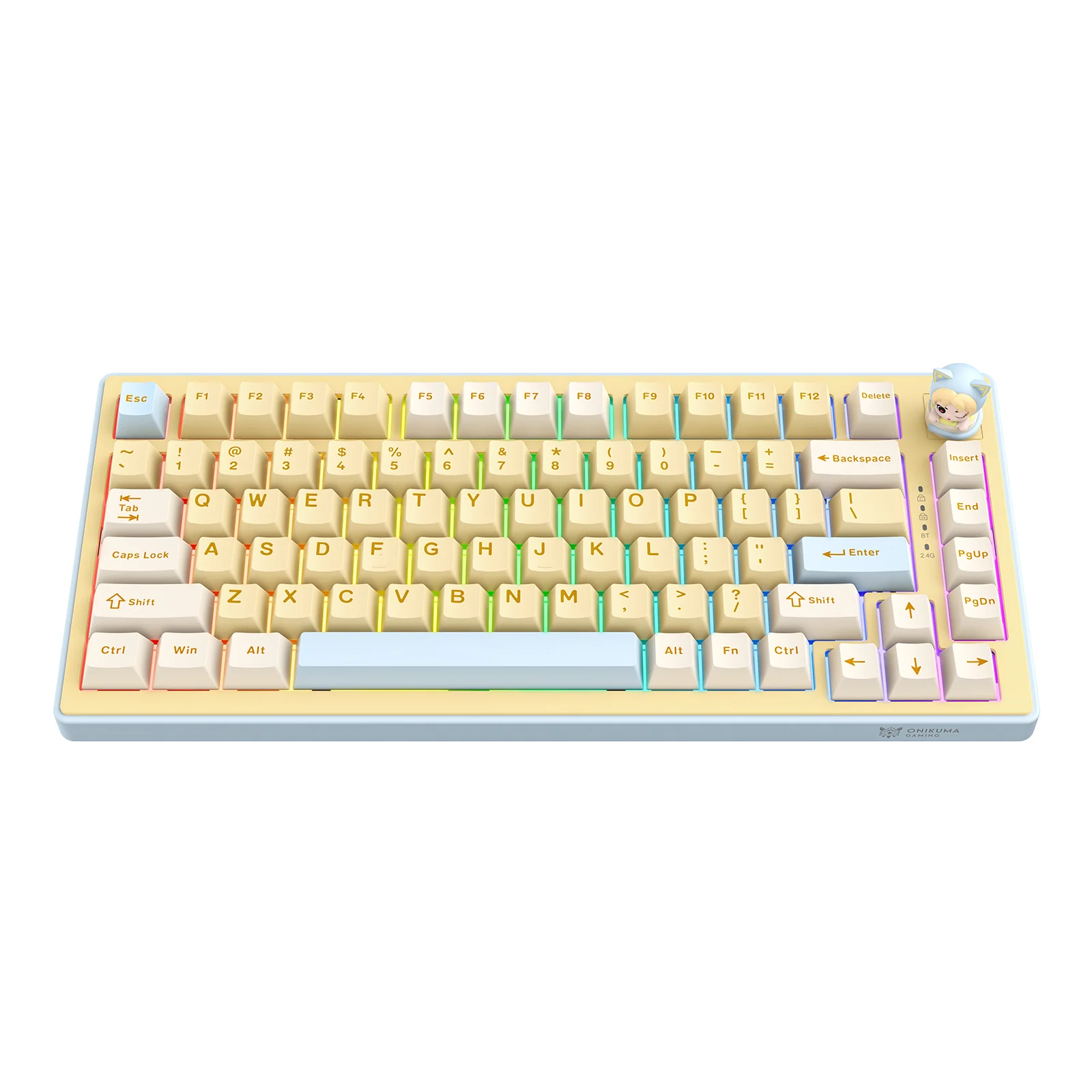 Tastaturi Gaming - Tastatură Mecanică Premium Gaming ONIKUMA MT707 Wireless RGB, 81 Taste, Hot-Swap, Bluetooth 5.0, 2.4GHz, USB-C, Gasket Mount, Buton Multimedia, Macro, Galben Albastru