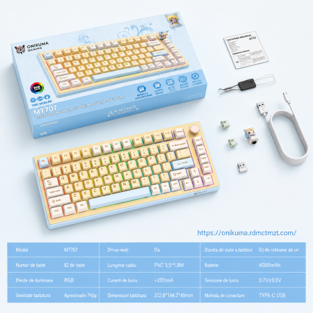 Tastatură Mecanică Premium Gaming ONIKUMA MT707 Wireless RGB, 81 Taste, Hot-Swap, Bluetooth 5.0, 2.4GHz, USB-C, Gasket Mount, Buton Multimedia, Macro, Galben Albastru [5]