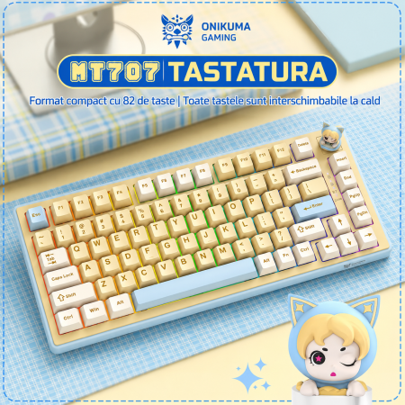 Tastatură Mecanică Premium Gaming ONIKUMA MT707 Wireless RGB, 81 Taste, Hot-Swap, Bluetooth 5.0, 2.4GHz, USB-C, Gasket Mount, Buton Multimedia, Macro, Galben Albastru [1]
