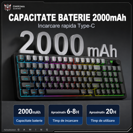 Tastatură Gaming Wireless ONIKUMA MT902, 95 Taste, Tri-Mode (Bluetooth + 2.4GHz + USB-C), RGB, Membrană Silențioasă, Buton Multimedia, Acumulator 2000mAh, Negru [4]